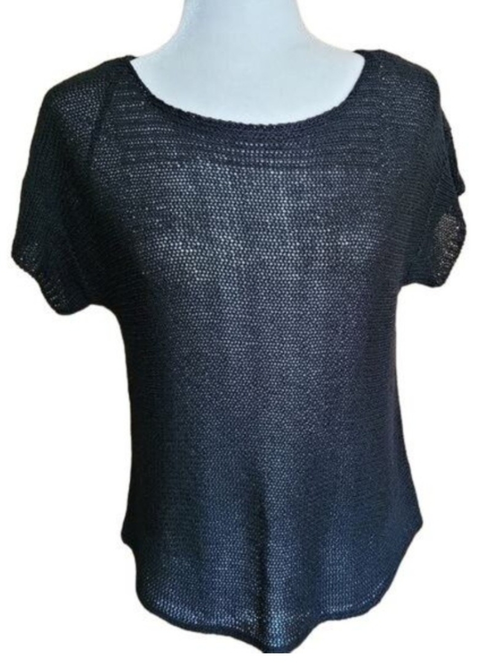 Cupio Black Loose Knit Light Sweater Round Neck & Hem, Short Sleeve Top Sz M